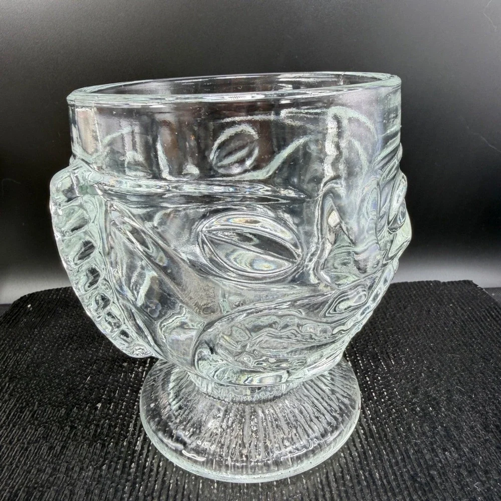 Indiana Glass Two faced Tiki‎ Drinking Glass Clear Embossed Face Single Mug Cup